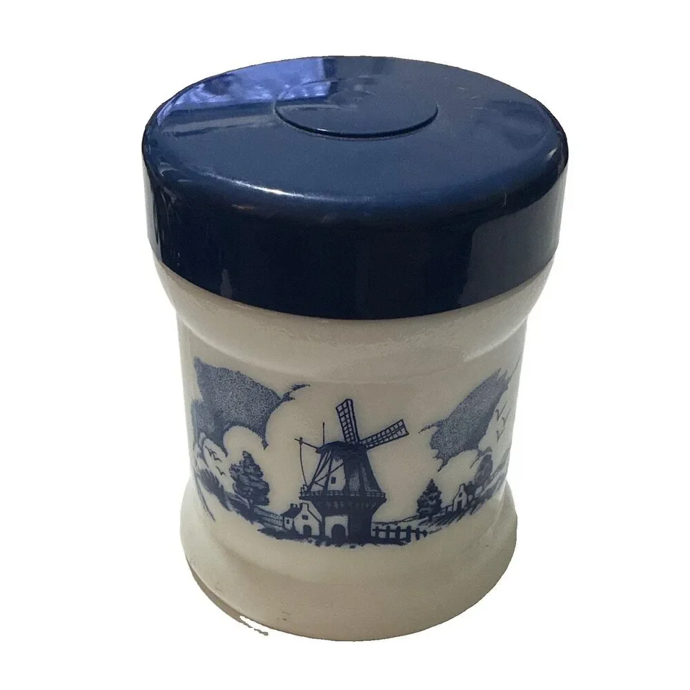 Vintage Willem II Opaline Milk Glass Cigar Tobacco Jar Blue Dutch Scene Lid